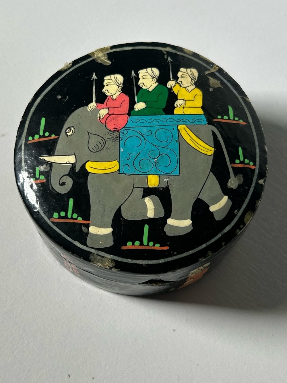 Paper Mache Hand Made Trinket Box Round Elephant Design 3” Hand Painted
